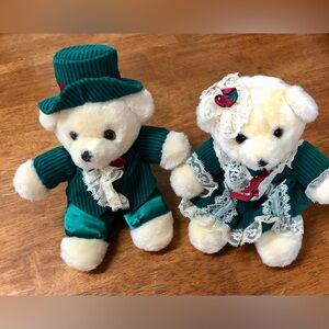 Vintage Christmas Bear Couple Set Green Corduroy and Lace Clothing